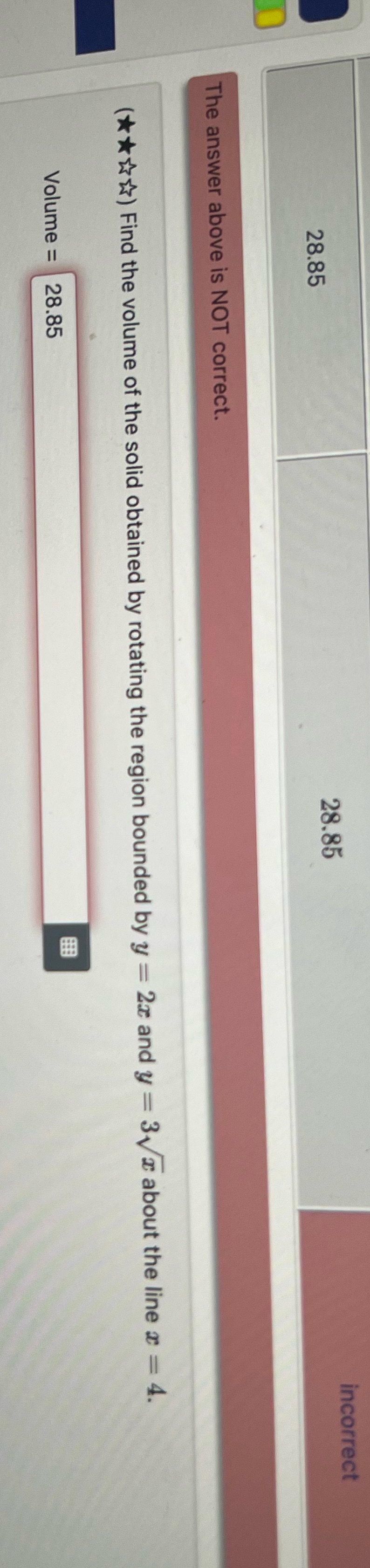 28.85 The answer above is NOT correct. 28.85 incorrect = 4. ()