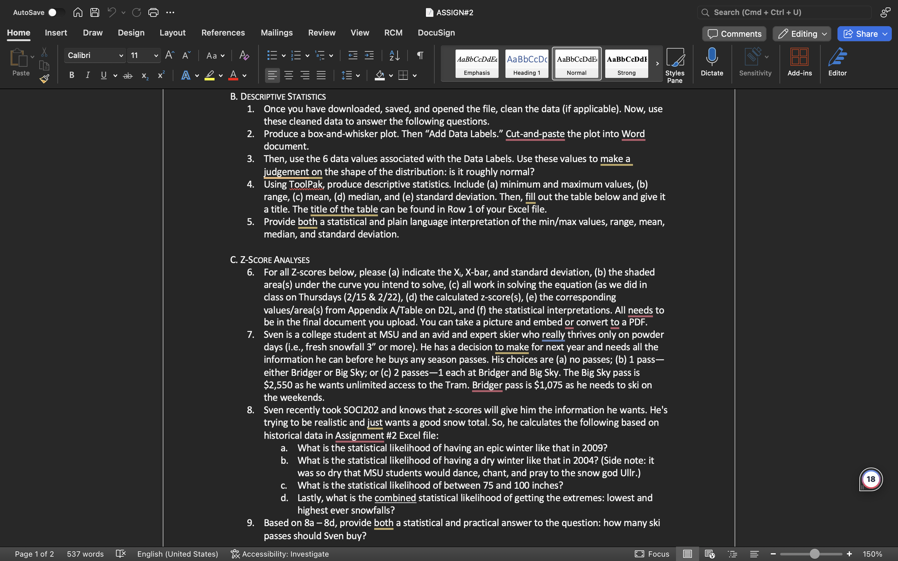 AutoSave ASSIGN#2 Home Insert Draw Design Layout References Mailings Review View RCM