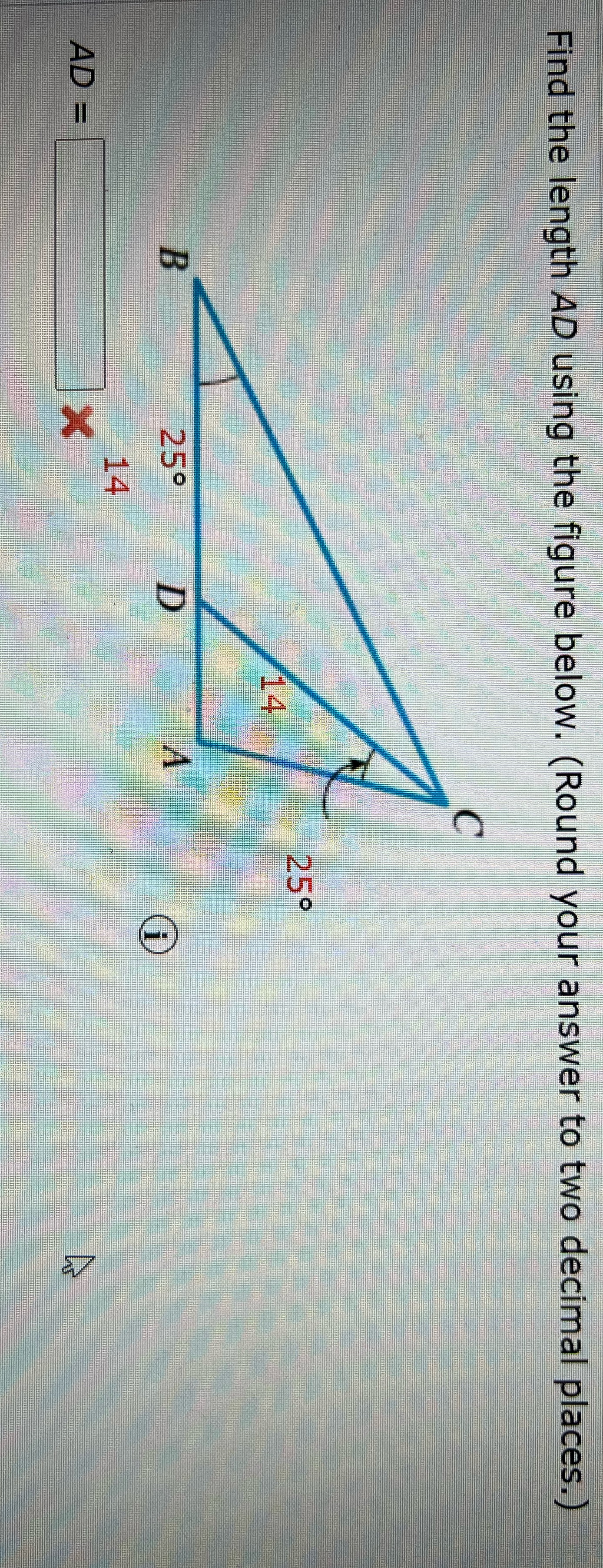 Find the length AD using the figure below. (Round your answer to