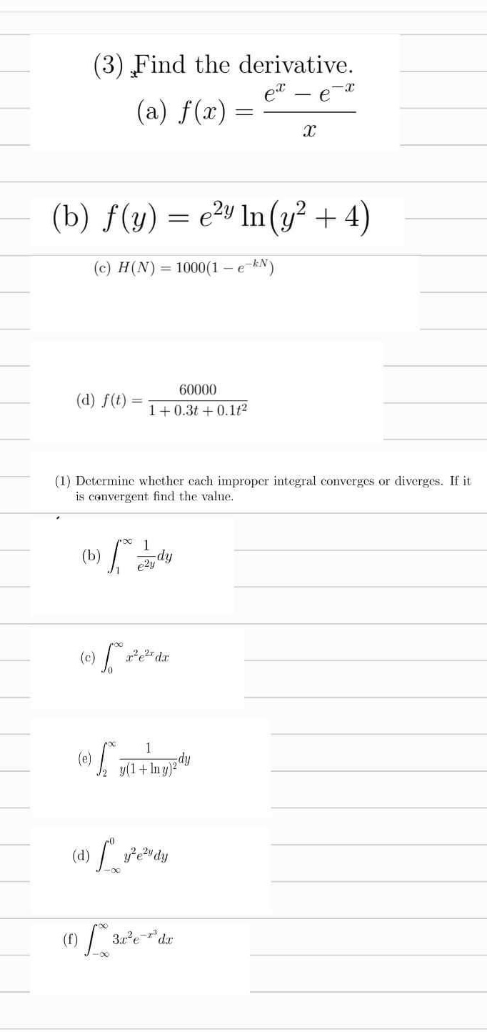 (3) Find the derivative. (a) f(x) = ex - e -x X