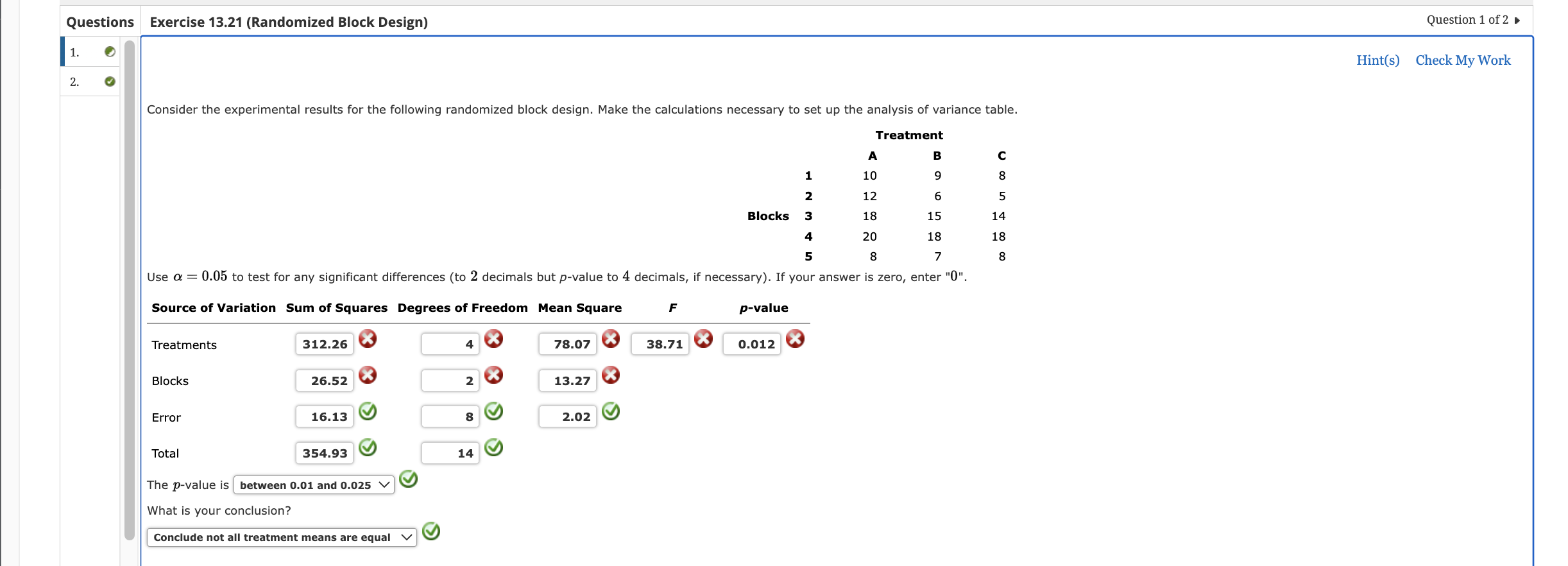 Questions Exercise 13.21 (Randomized Block Design) 1. 2. Consider the experimental results