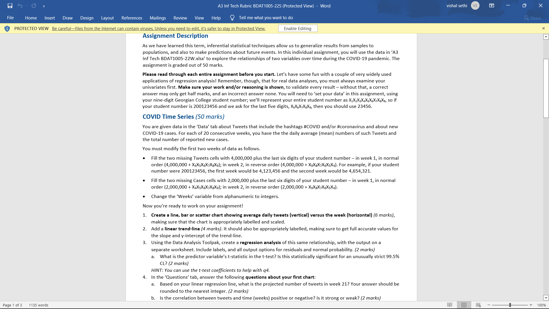 A3 Inf Tech Rubric BDAT1005-22S (Protected View) - Word File Home Insert