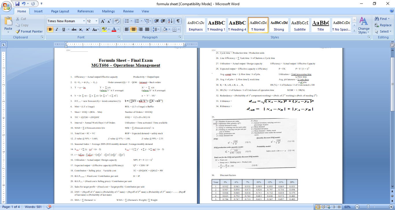 formula sheet [Compatibility Mode] - Microsoft Word Mailings Review View 12 Home