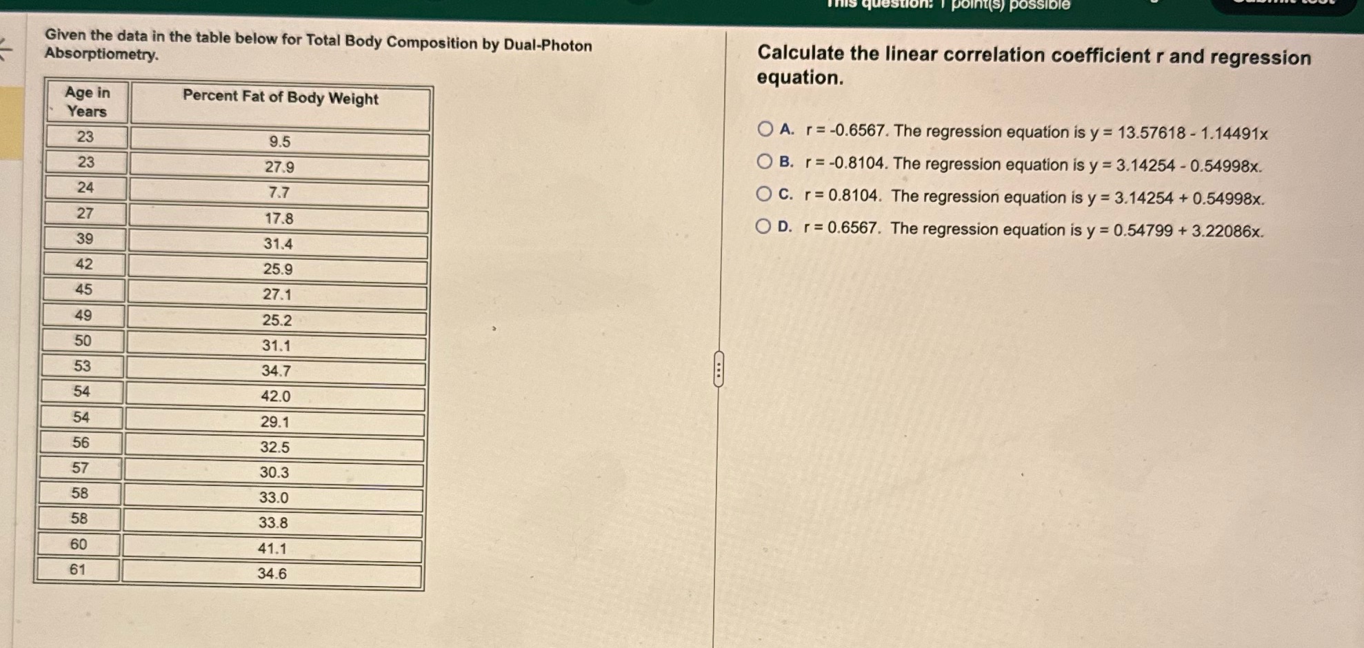 Given the data in the table below for Total Body Composition by