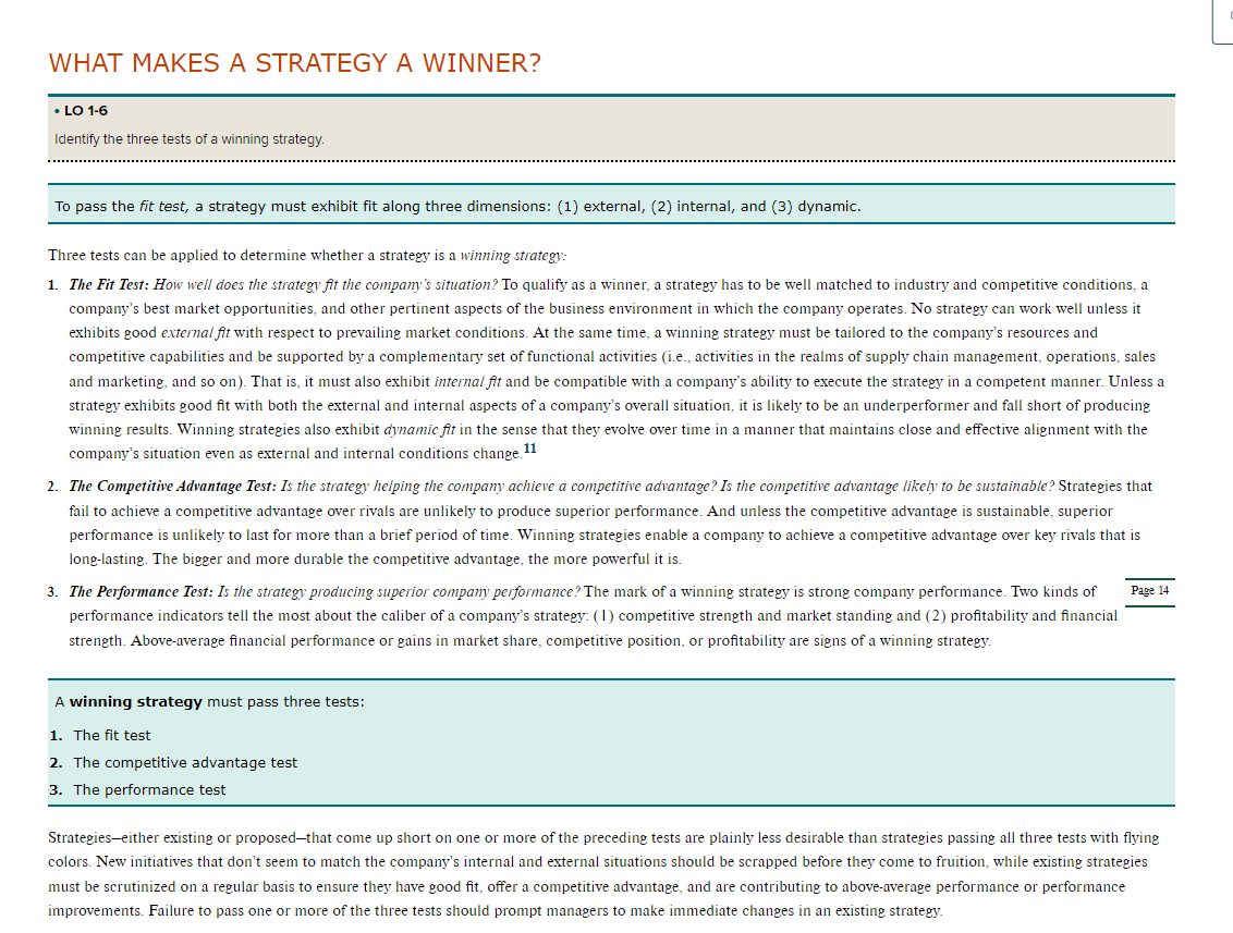 WHAT MAKES A STRATEGY A WINNER? LO 1-6 Identify the three tests