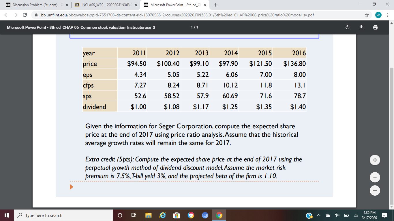 Bb Discussion Problem (Student) -C X Bb INCLASS_W20-202020.FIN363.0 x Bb Microsoft PowerPoint