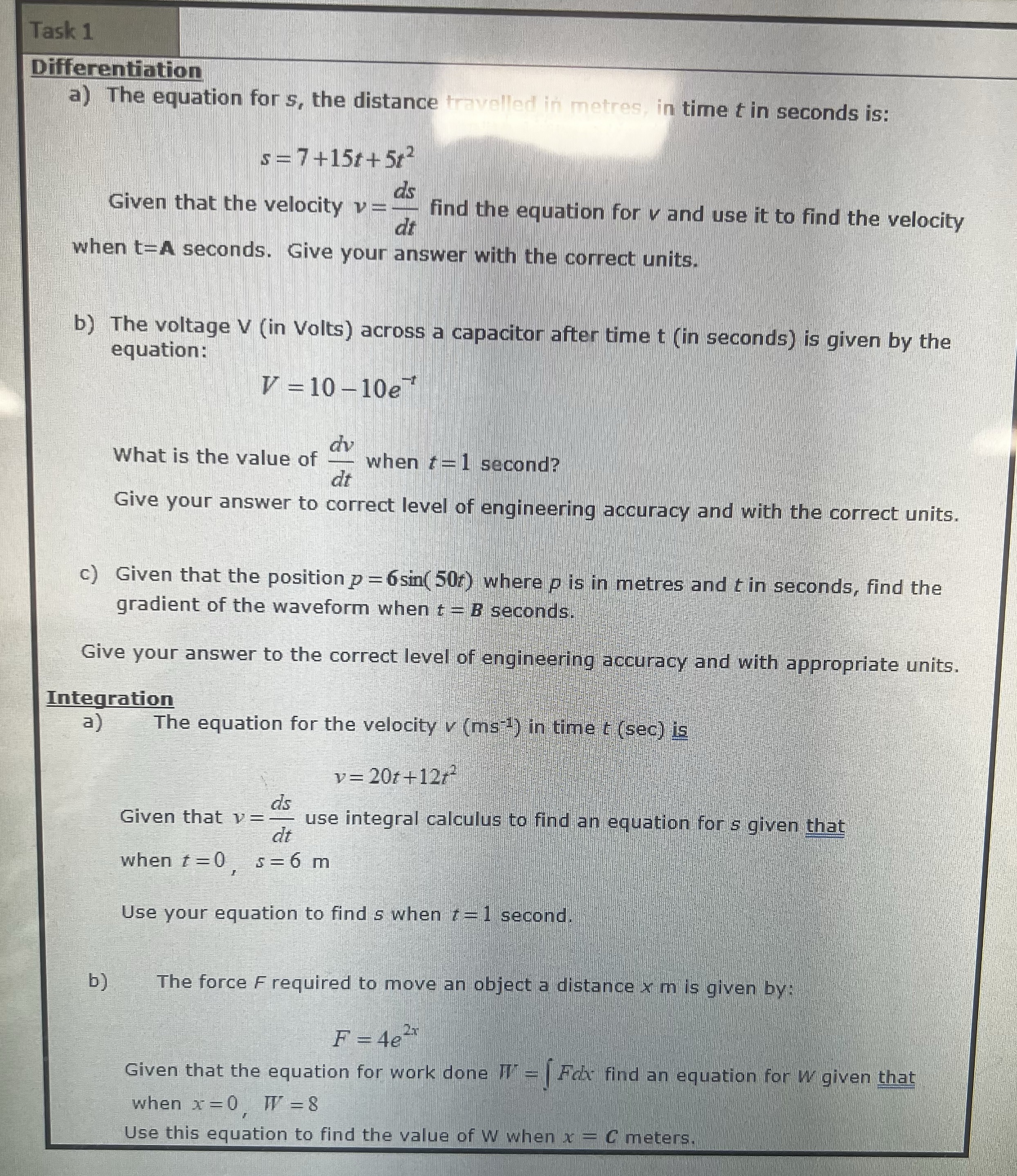 Task 1 Differentiation a) The equation for s, the distance travelled in