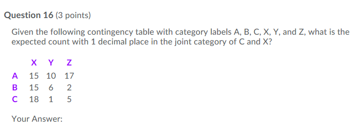 Question 16 (3 points) Given the following contingency table with category labels