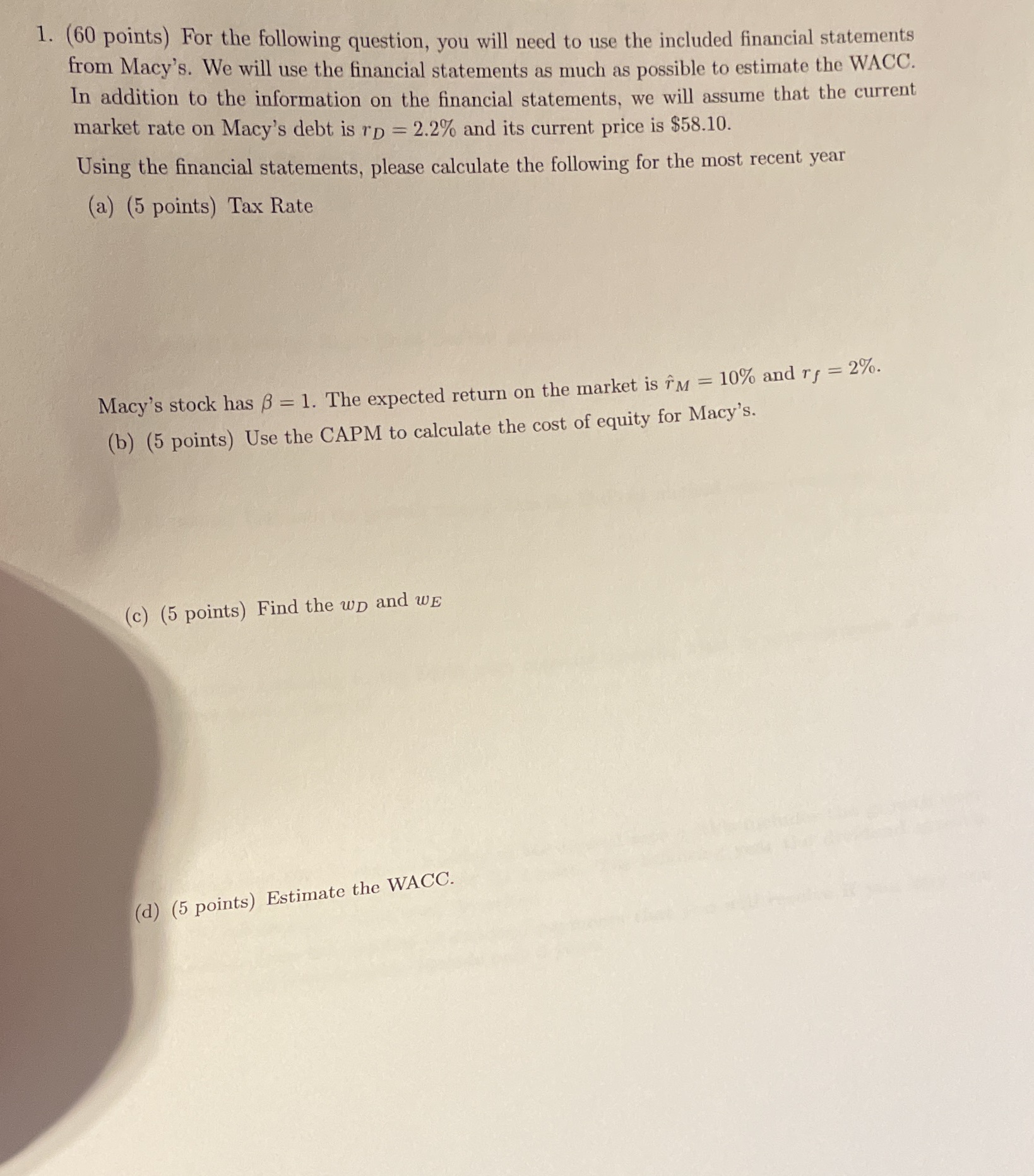 1. (60 points) For the following question, you will need to use