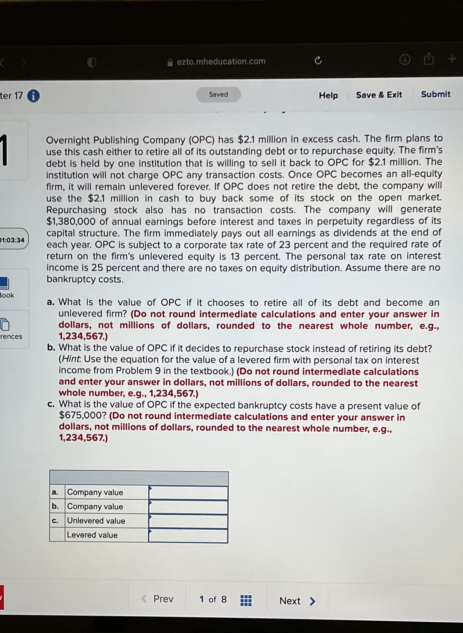 ter 17 ezto.mheducation.com Saved Help Save & Exit Submit 1 01:03:34 Book