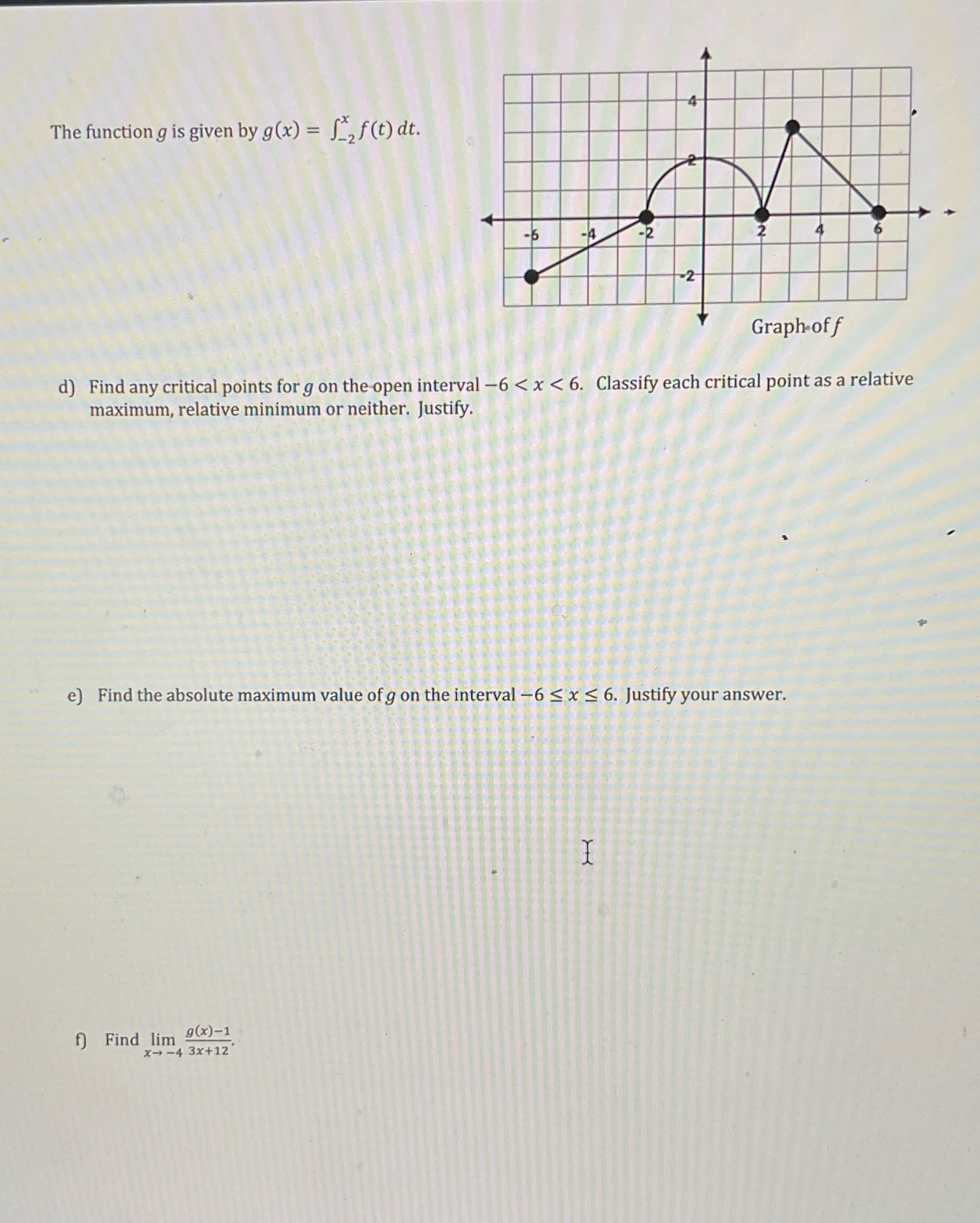 The function g is given by g(x) = f(t) dt. -5 -2