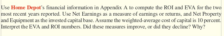 Use Home Depot's financial information in Appendix A to compute the ROI