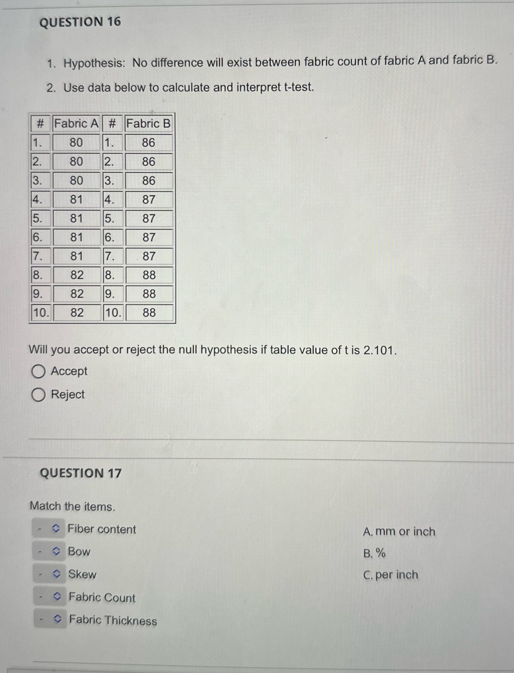 QUESTION 16 1. Hypothesis: No difference will exist between fabric count of