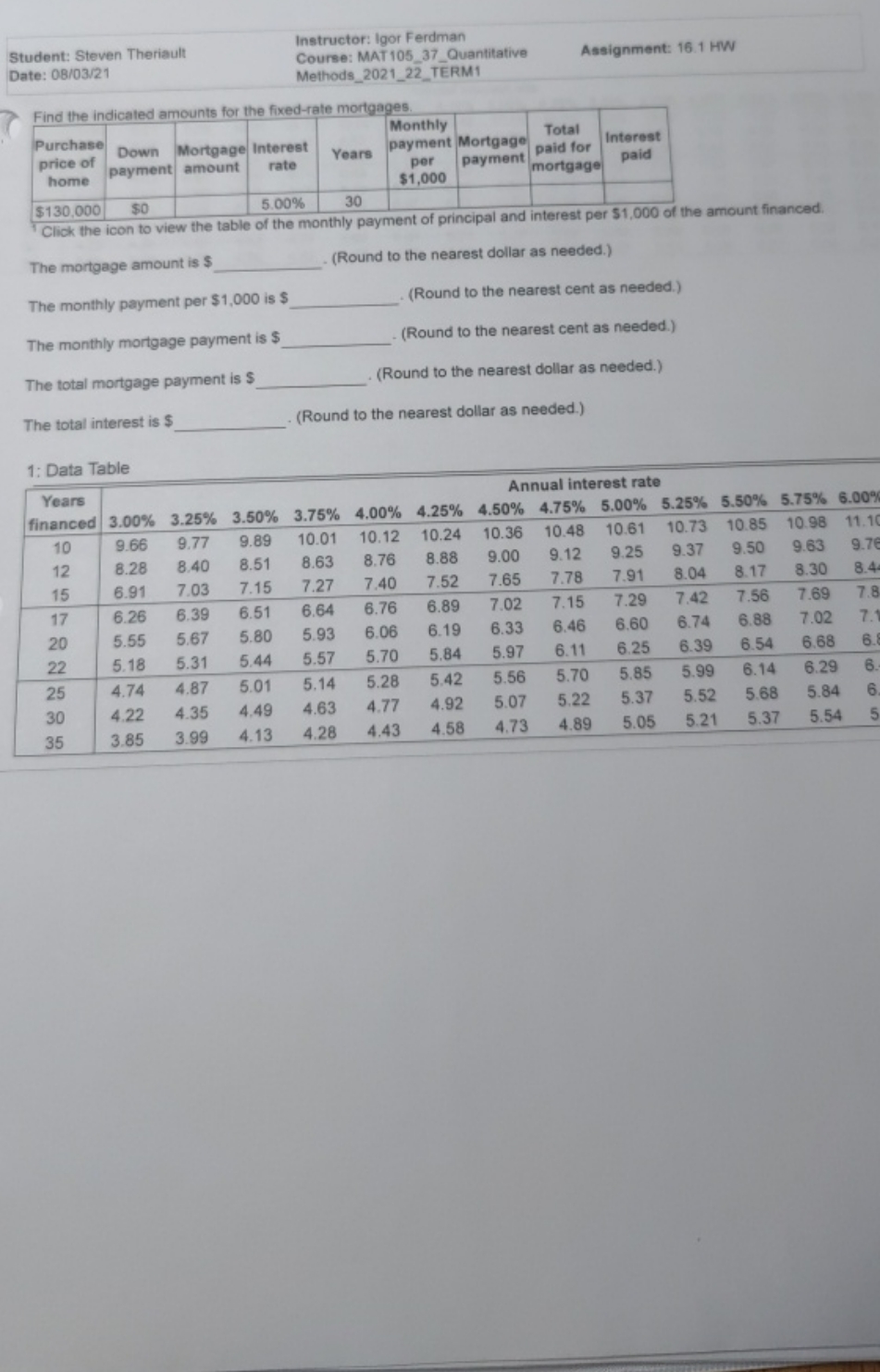 Student: Steven Theriault Date: 08/03/21 Instructor: Igor Ferdman Course: MAT 105 37