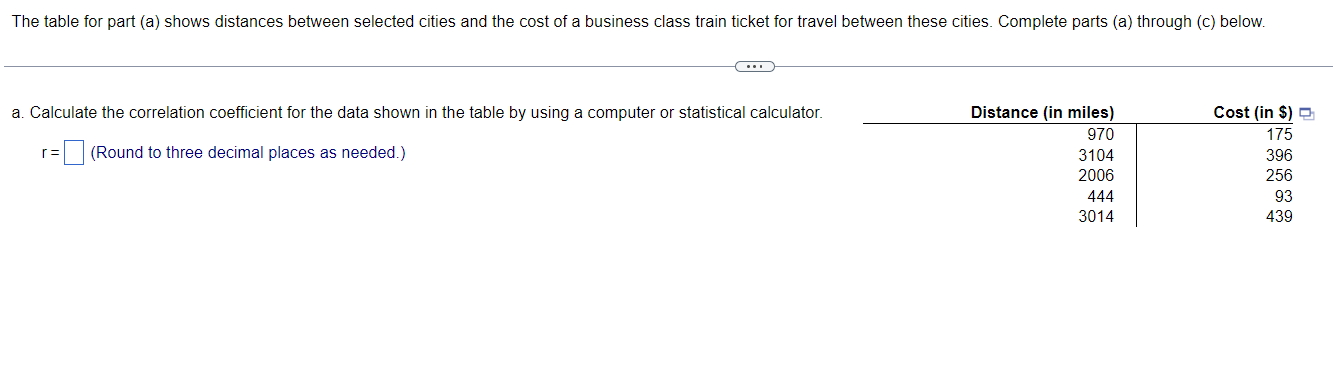 The table for part (a) shows distances between selected cities and the