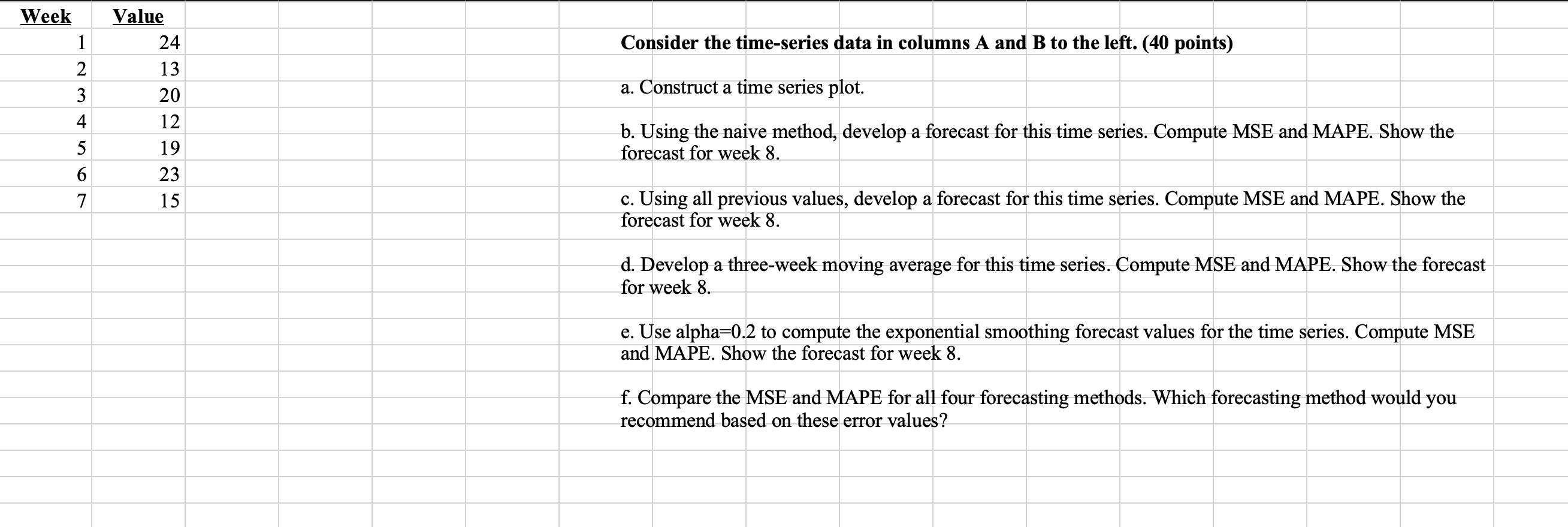 Week Value 1 24 2 13 3 20 4 12 5 19