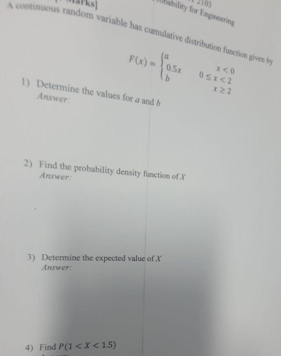ability for Engineering A continuous random variable has cumulative distribution function given