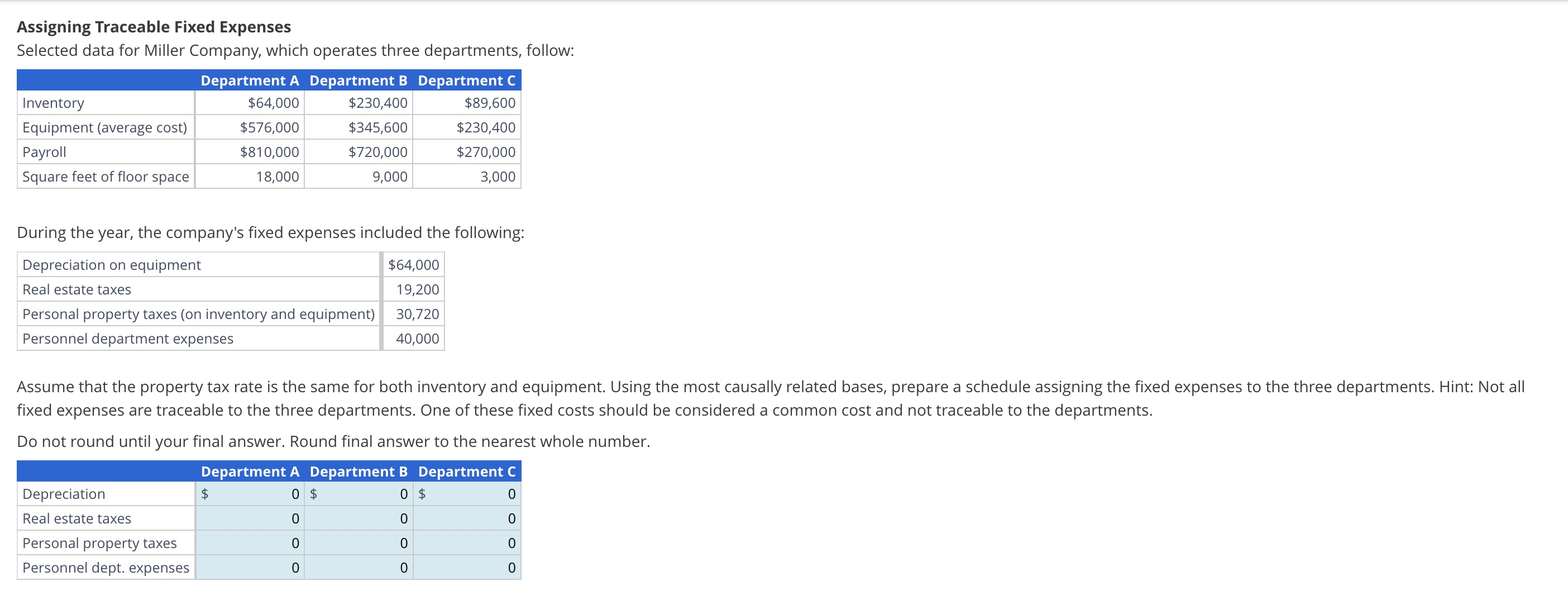 Assigning Traceable Fixed Expenses Selected data for Miller Company, which operates three