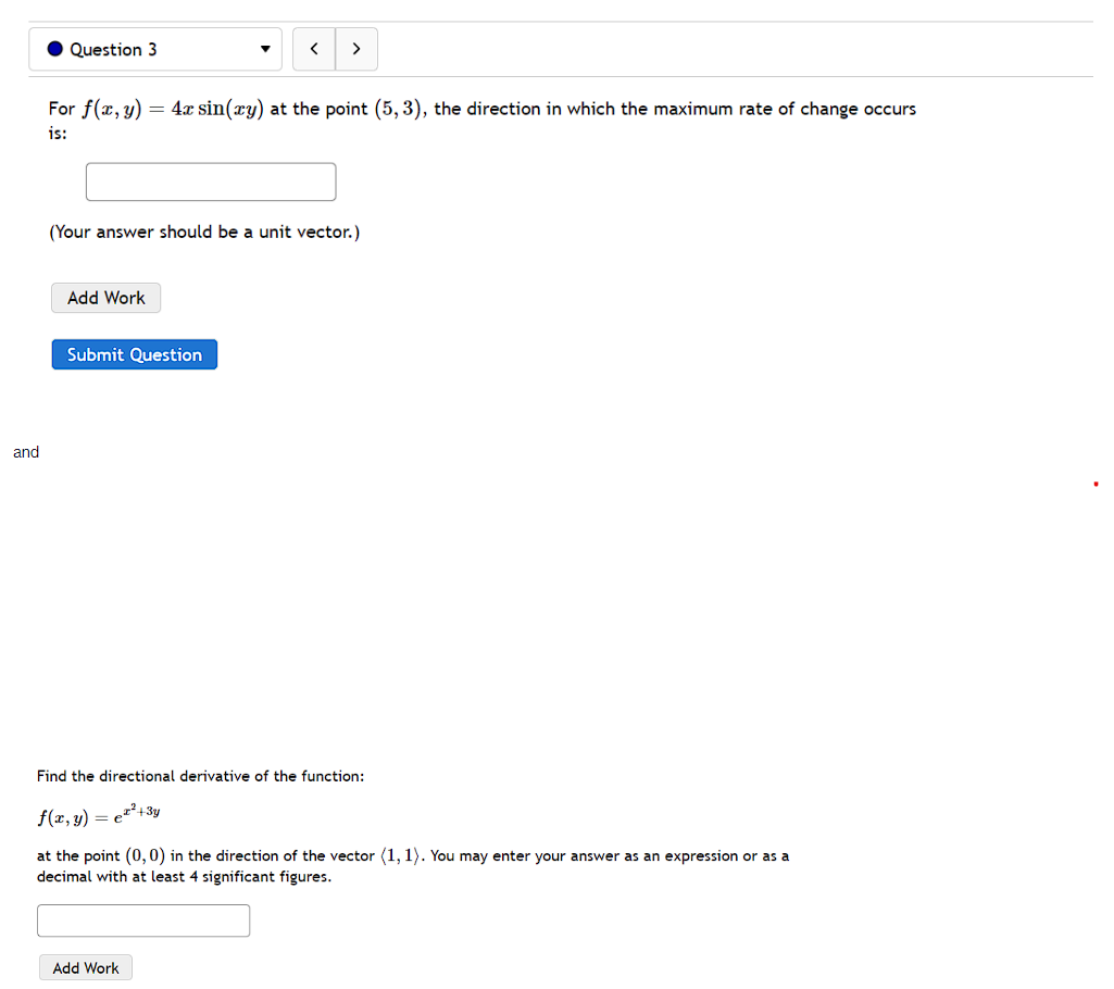 and Question 3 = < > For f(x, y) 4x sin(xy) at