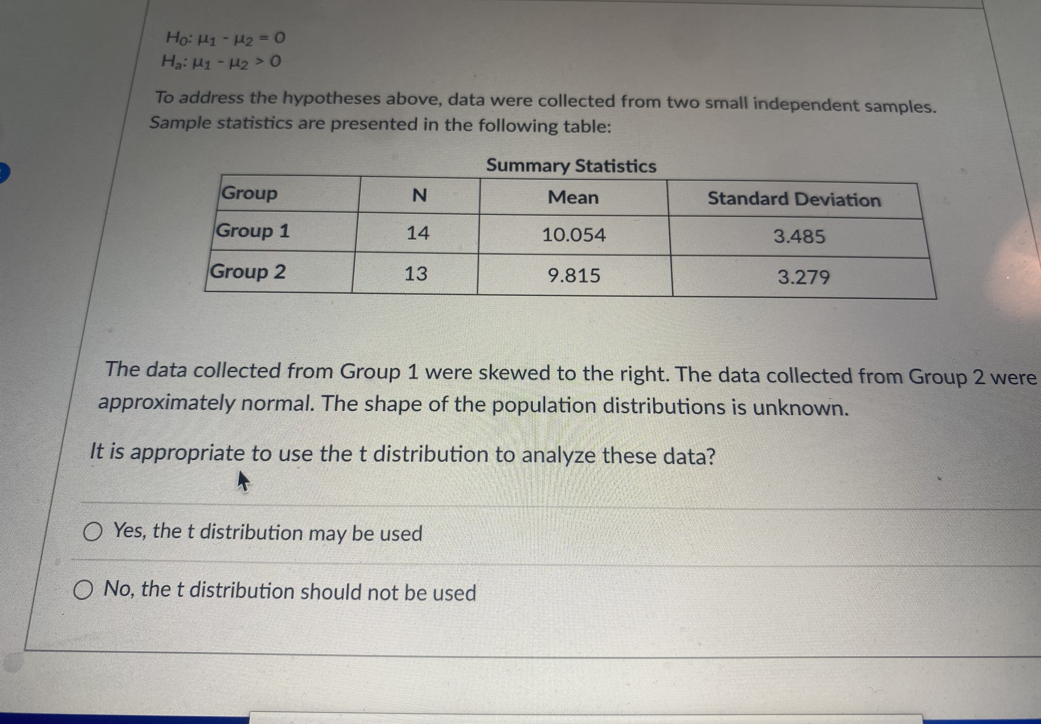 : 1 - 2 = 0 Ha: 1 - 2 > O