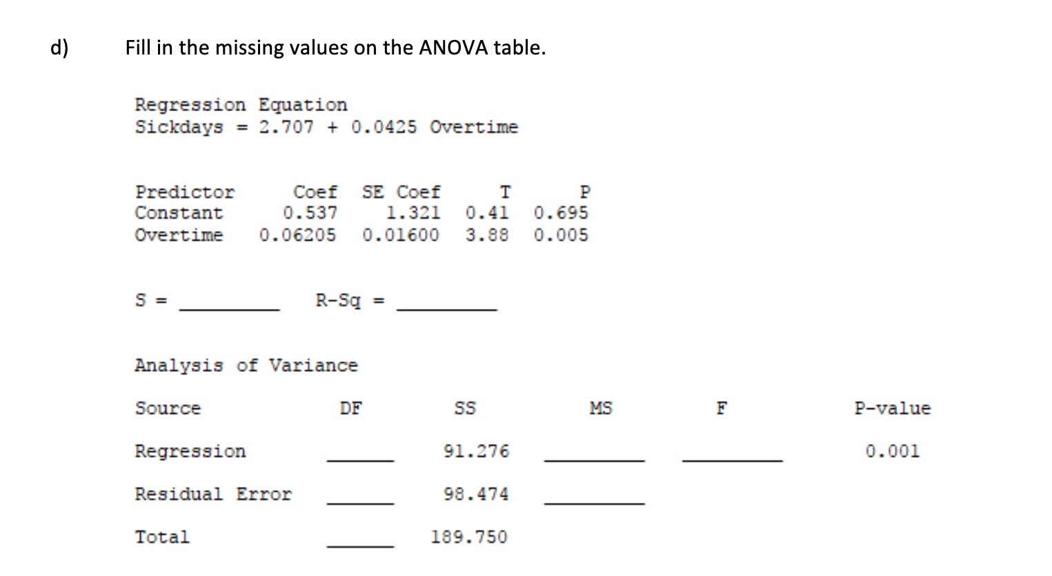 d) Fill in the missing values on the ANOVA table. Regression Equation