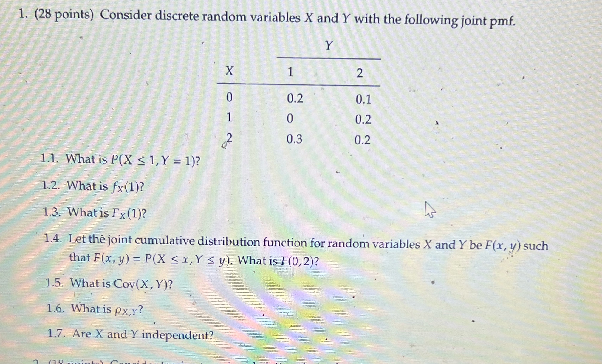 1. (28 points) Consider discrete random variables X and Y with the