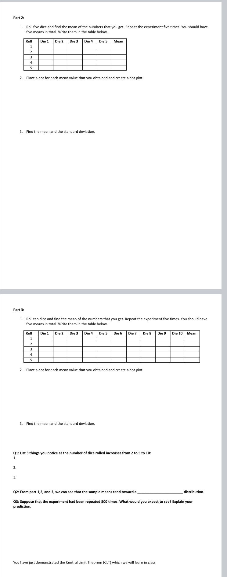 Part 2: 1. Roll five dice and find the mean of the