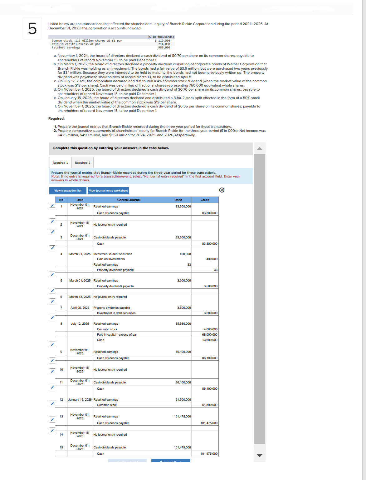 5 Listed below are the transactions that affected the shareholders' equity of