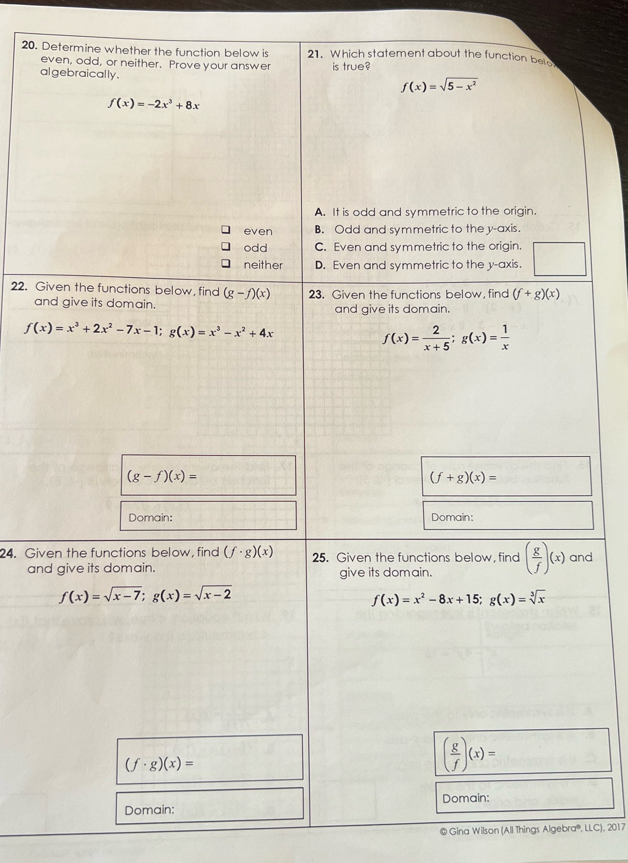 20. Determine whether the function below is even, odd, or neither. Prove