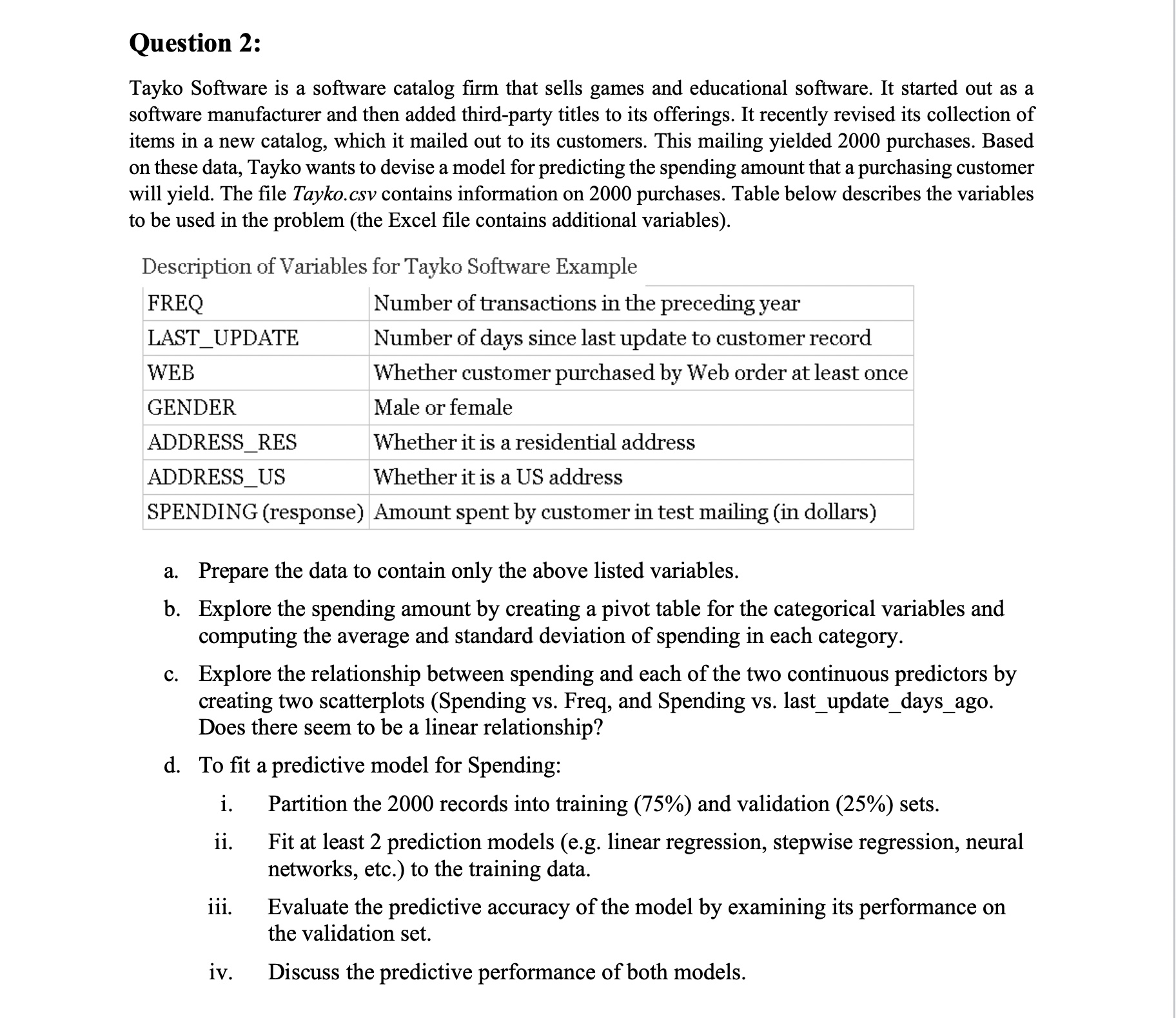 Question 2: Tayko Software is a software catalog firm that sells games