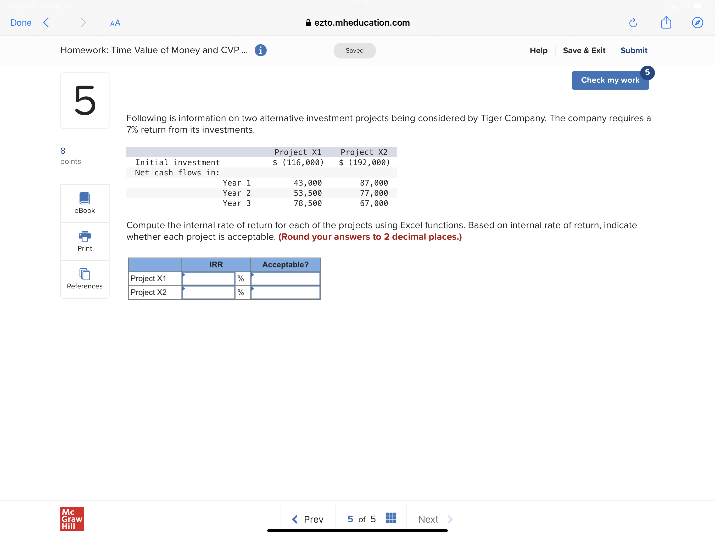 9:24 PM Sat Apr 20 Done < > AA ezto.mheducation.com Homework: Time