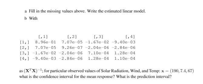 a Fill in the missing values above. Write the estimated linear model.