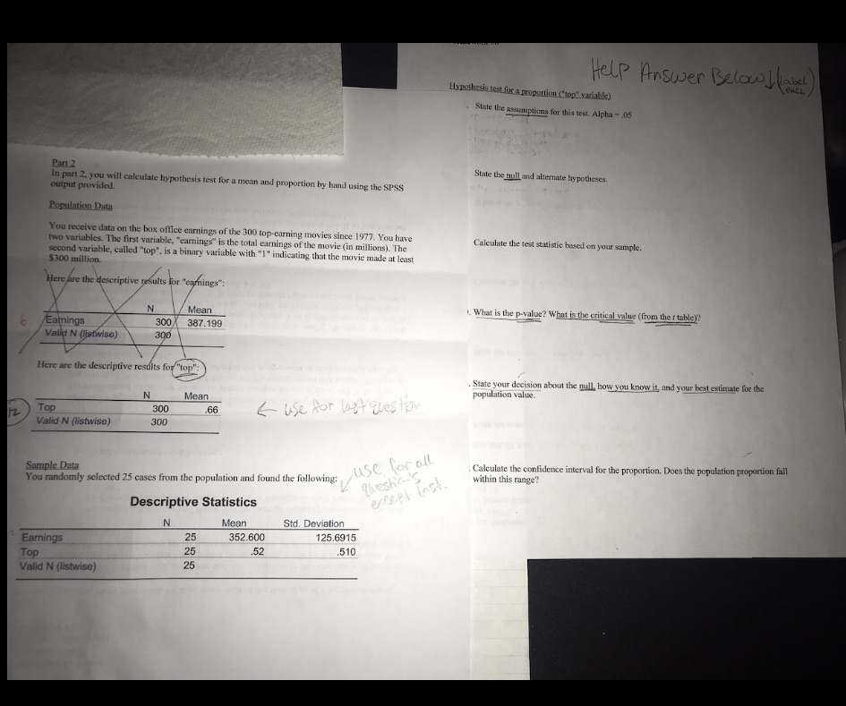 Help Answer Below label) each Hypothesis test for a proportion ("top" variable)