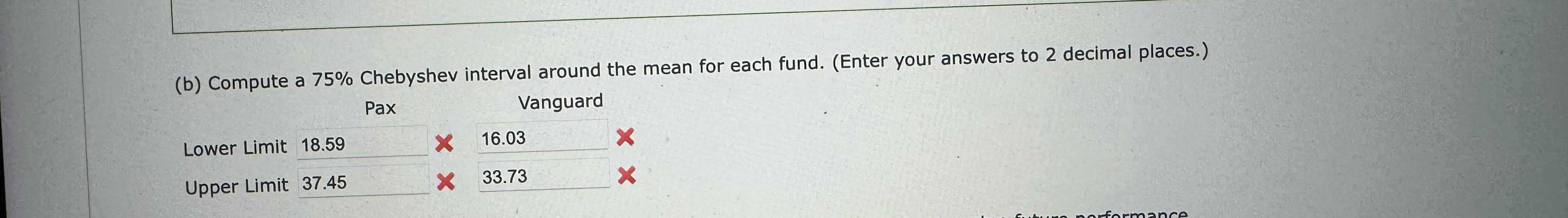 (b) Compute a 75% Chebyshev interval around the mean for each fund.