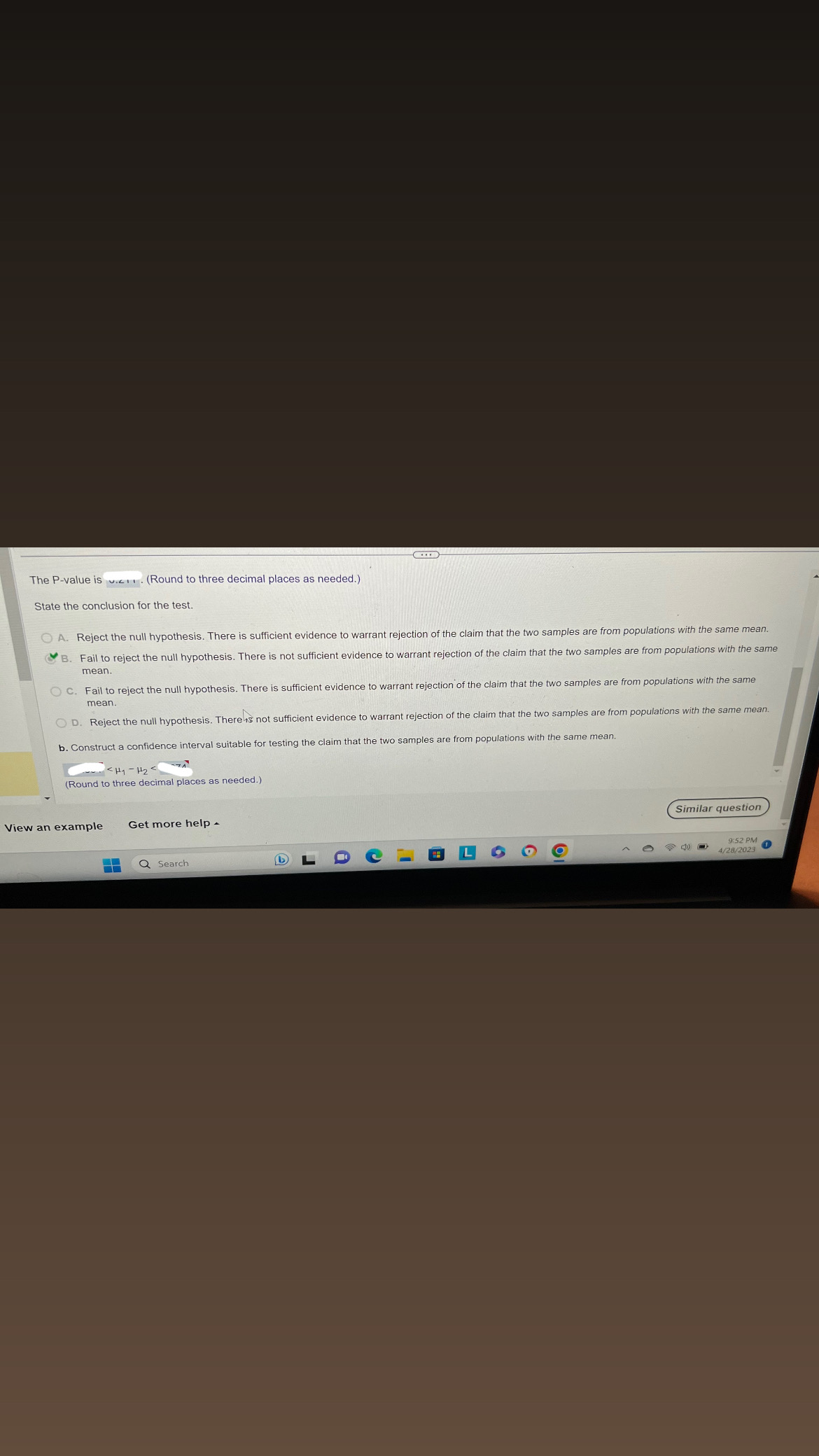 The P-value is (Round to three decimal places as needed.). State the