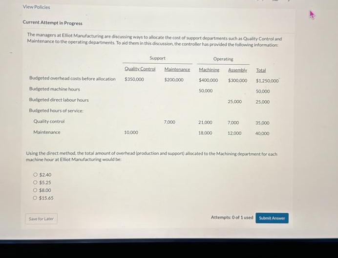 View Policies Current Attempt in Progress The managers at Elliot Manufacturing are