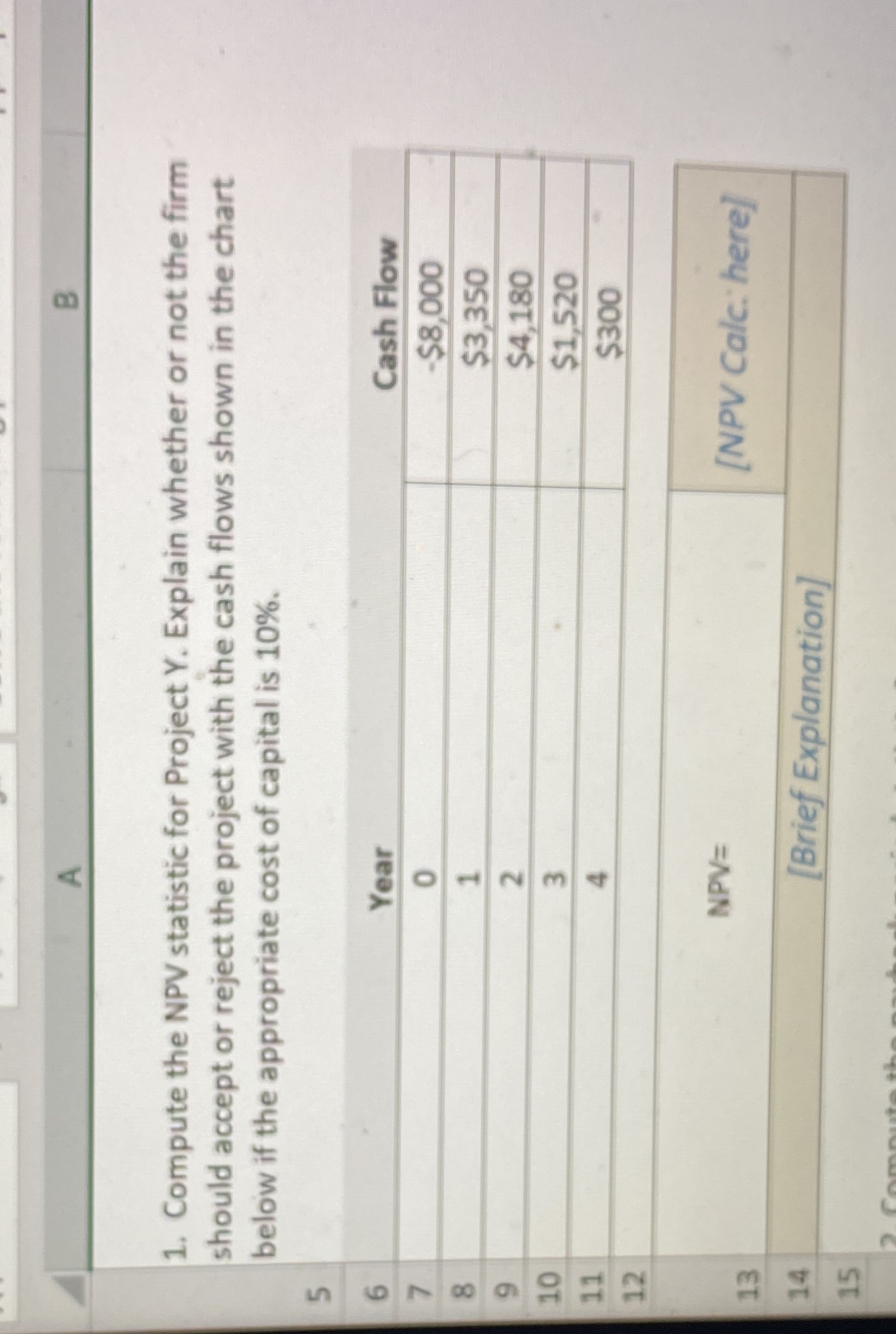 A B 5 6 1. Compute the NPV statistic for Project Y.