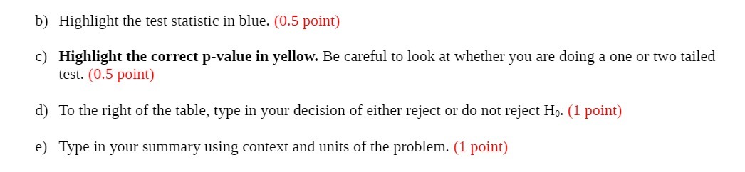 b) Highlight the test statistic in blue. (0.5 point) c) Highlight the