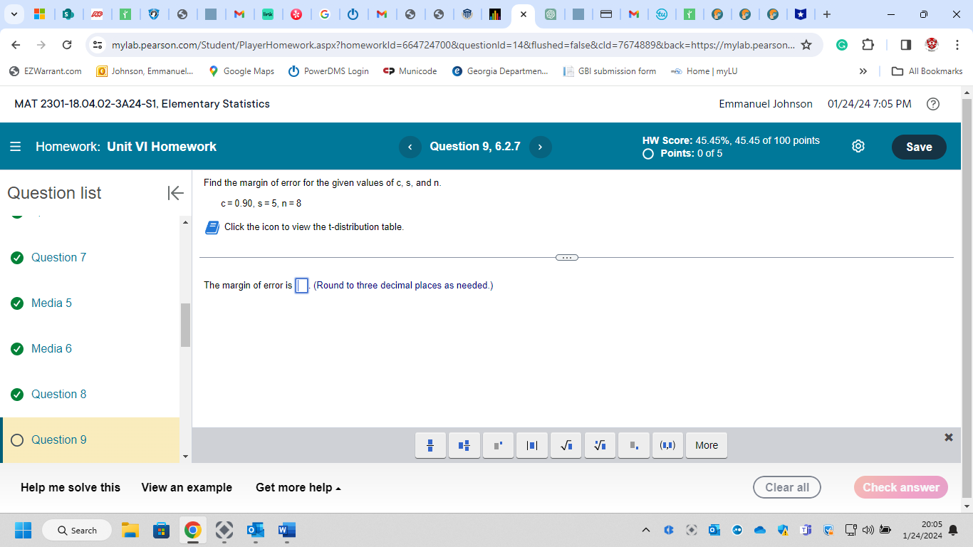 link | GUM Cmylab.pearson.com/Student/PlayerHomework.aspx?homeworkId=664724700&questionid=14&flushed=false&cld=7674889&back=https://mylab.pearson... 0 All Bookmarks EZWarrant.com MAT 2301-18.04.02-3A24-S1, Elementary Statistics