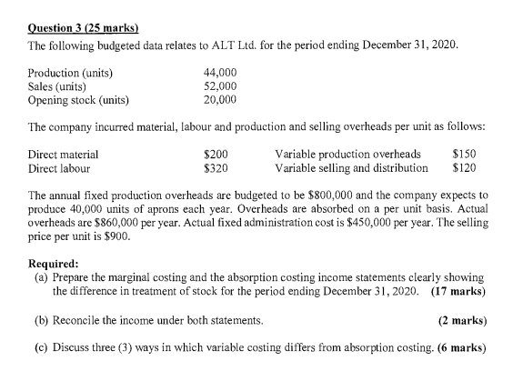 Question 3 (25 marks) The following budgeted data relates to ALT Ltd.