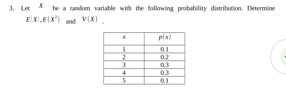 3. Let X be a random variable with the following probability distribution.