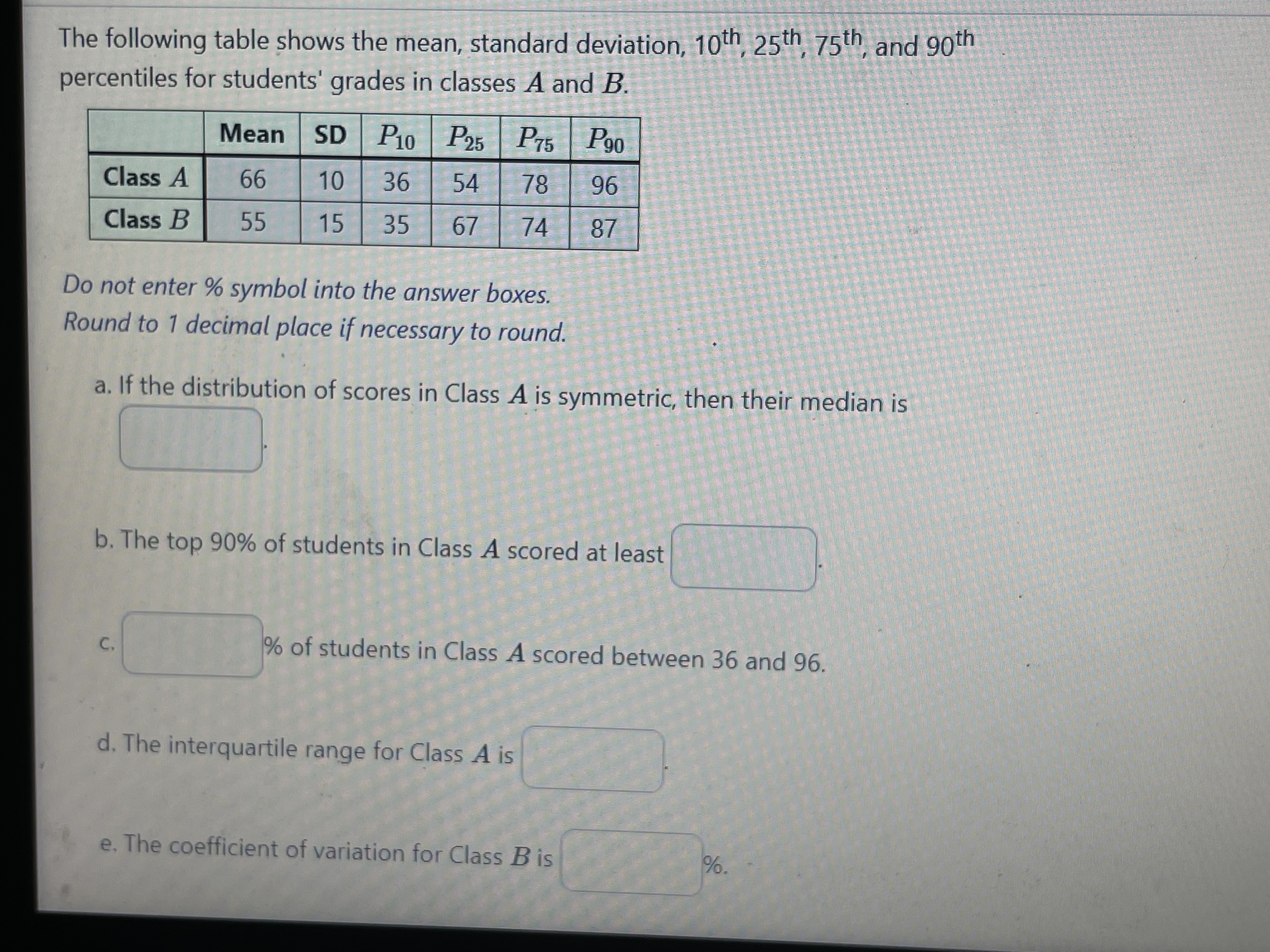 The following table shows the mean, standard deviation, 10th, 25th 75th, and