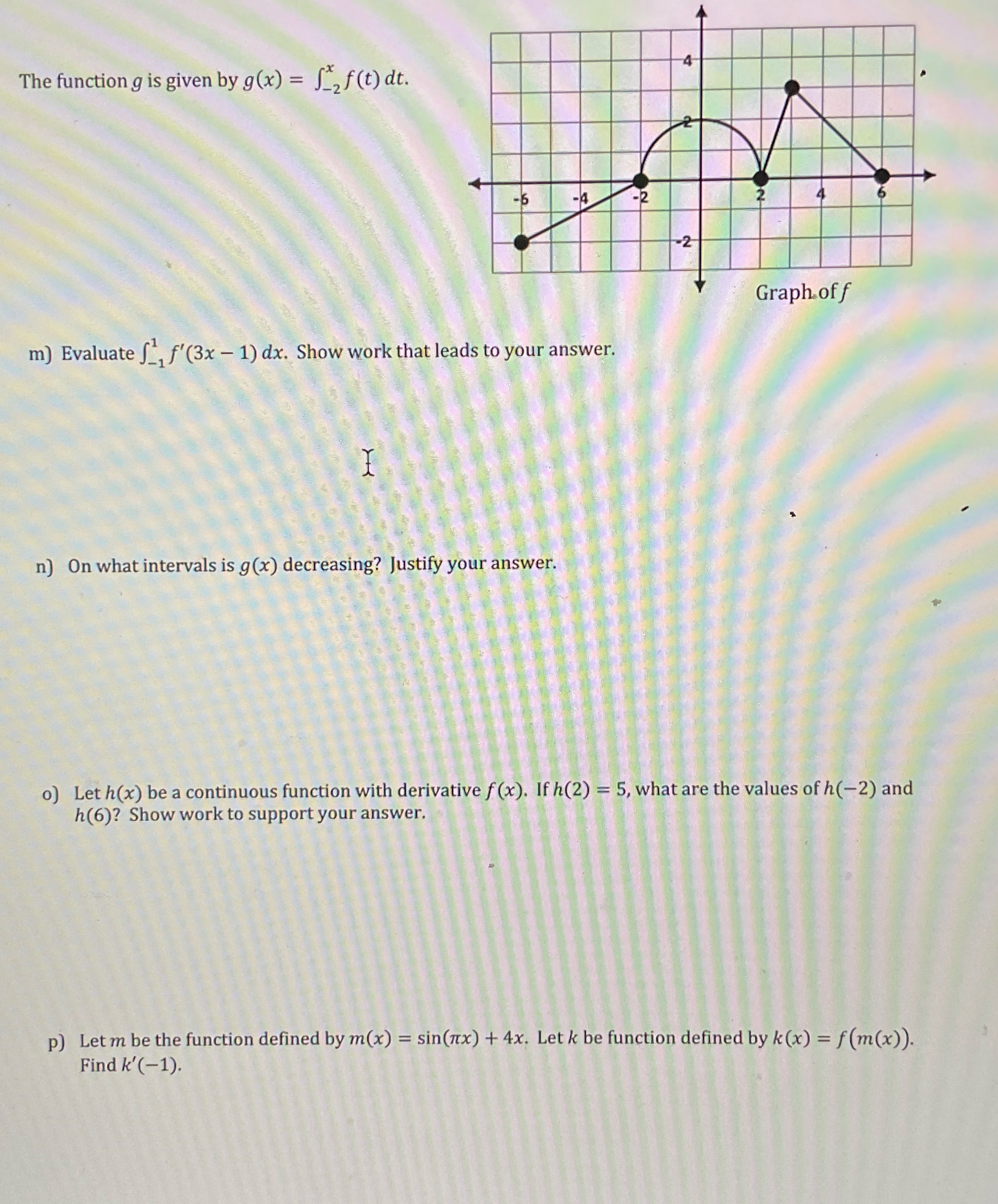 The function g is given by g(x) = f(t) dt. -6 -4