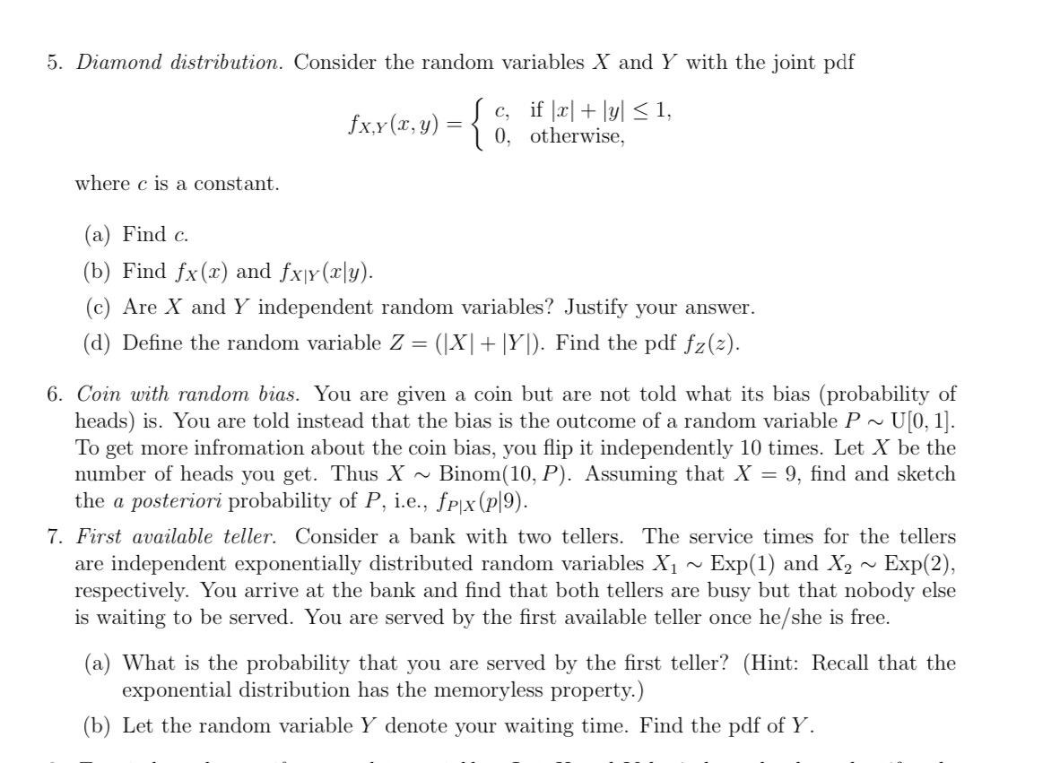 5. Diamond distribution. Consider the random variables X and Y with the