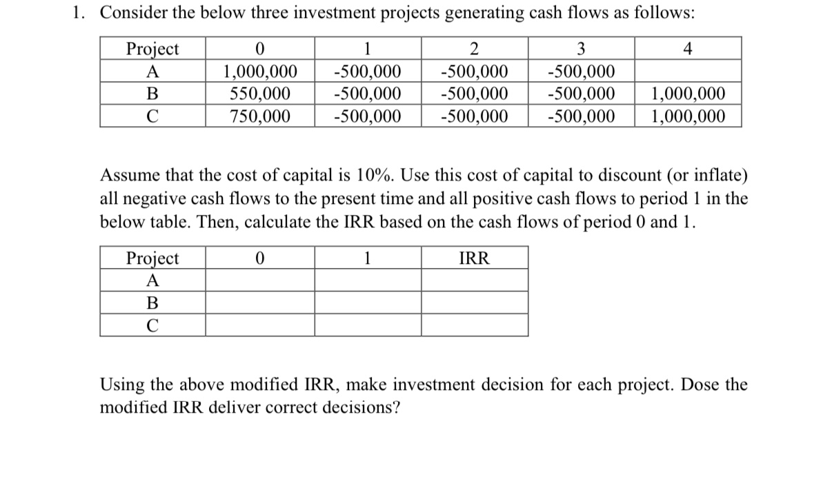 1. Consider the below three investment projects generating cash flows as follows:
