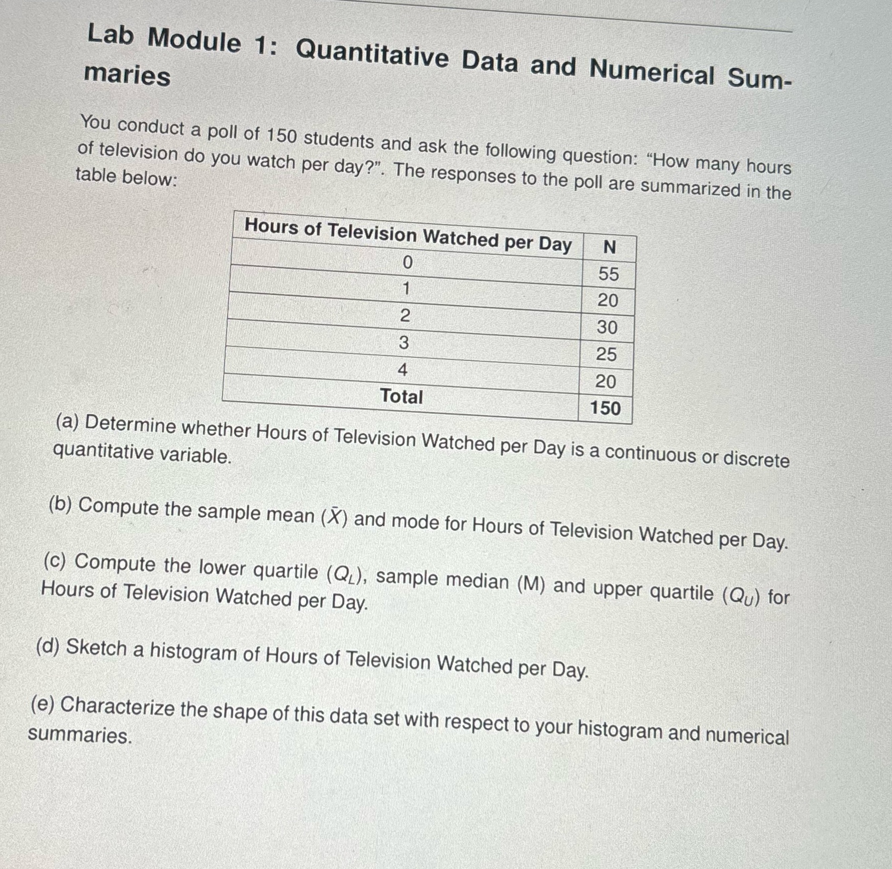 Lab Module 1: Quantitative Data and Numerical Sum- maries You conduct a