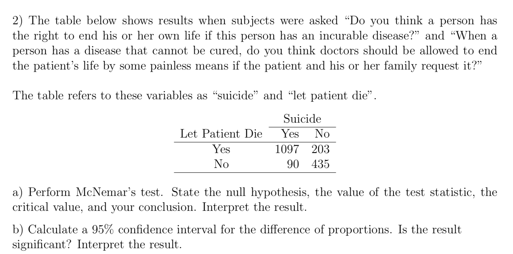 2) The table below shows results when subjects were asked "Do you