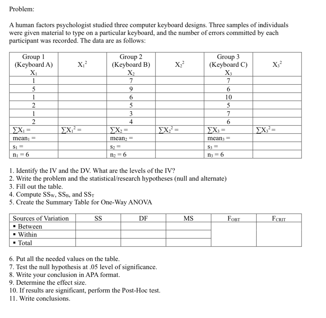 Problem: A human factors psychologist studied three computer keyboard designs. Three samples
