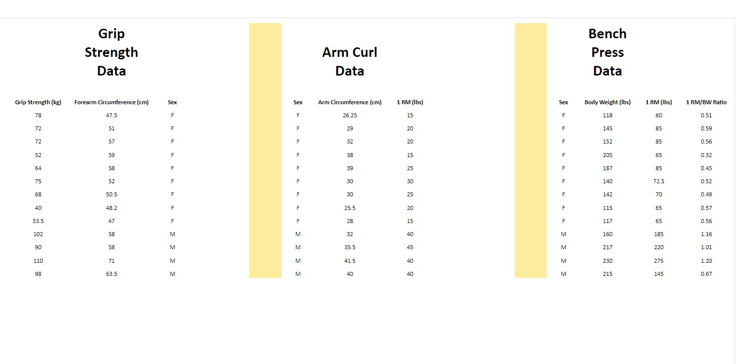Grip Strength Data Arm Curl Data Bench Press Data Grip Strength (kg)