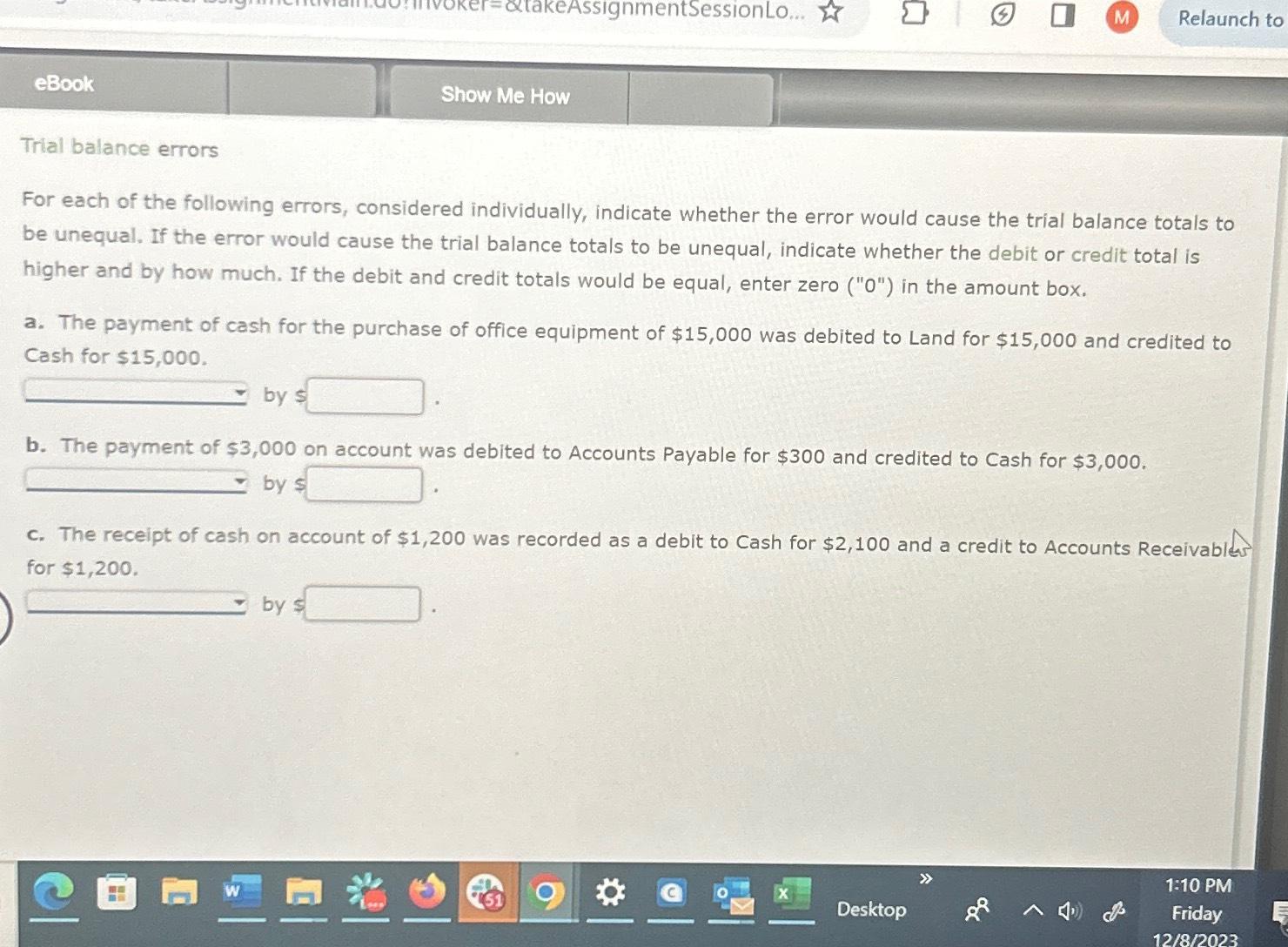 eBook Trial balance errors takeAssignmentSession Lo... . M Relaunch to Show Me